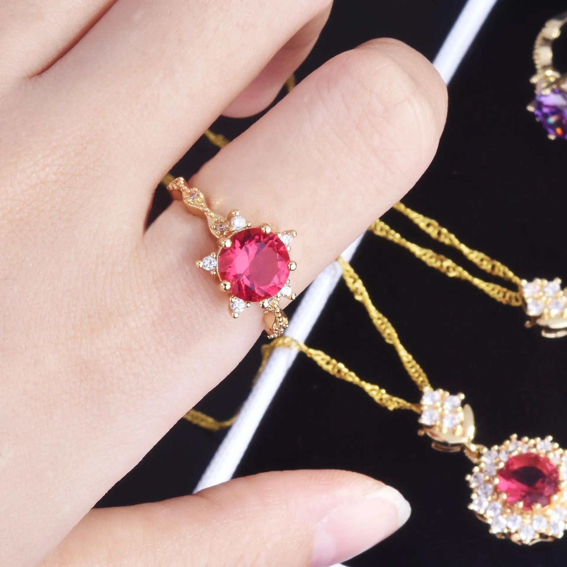 Luxury Purple Red Crystal Jewelry Set Round Pendant Necklace Drop Earrings Ring Bridal Wedding Gifts