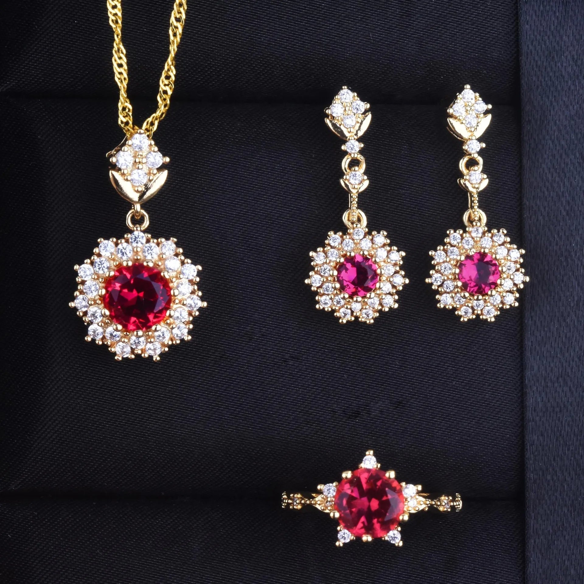 Luxury Purple Red Crystal Jewelry Set Round Pendant Necklace Drop Earrings Ring Bridal Wedding Gifts