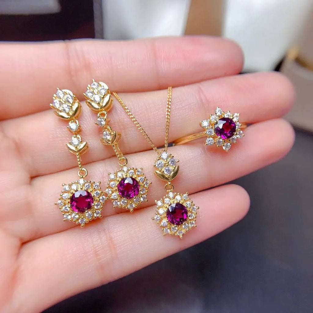 Luxury Purple Red Crystal Jewelry Set Round Pendant Necklace Drop Earrings Ring Bridal Wedding Gifts