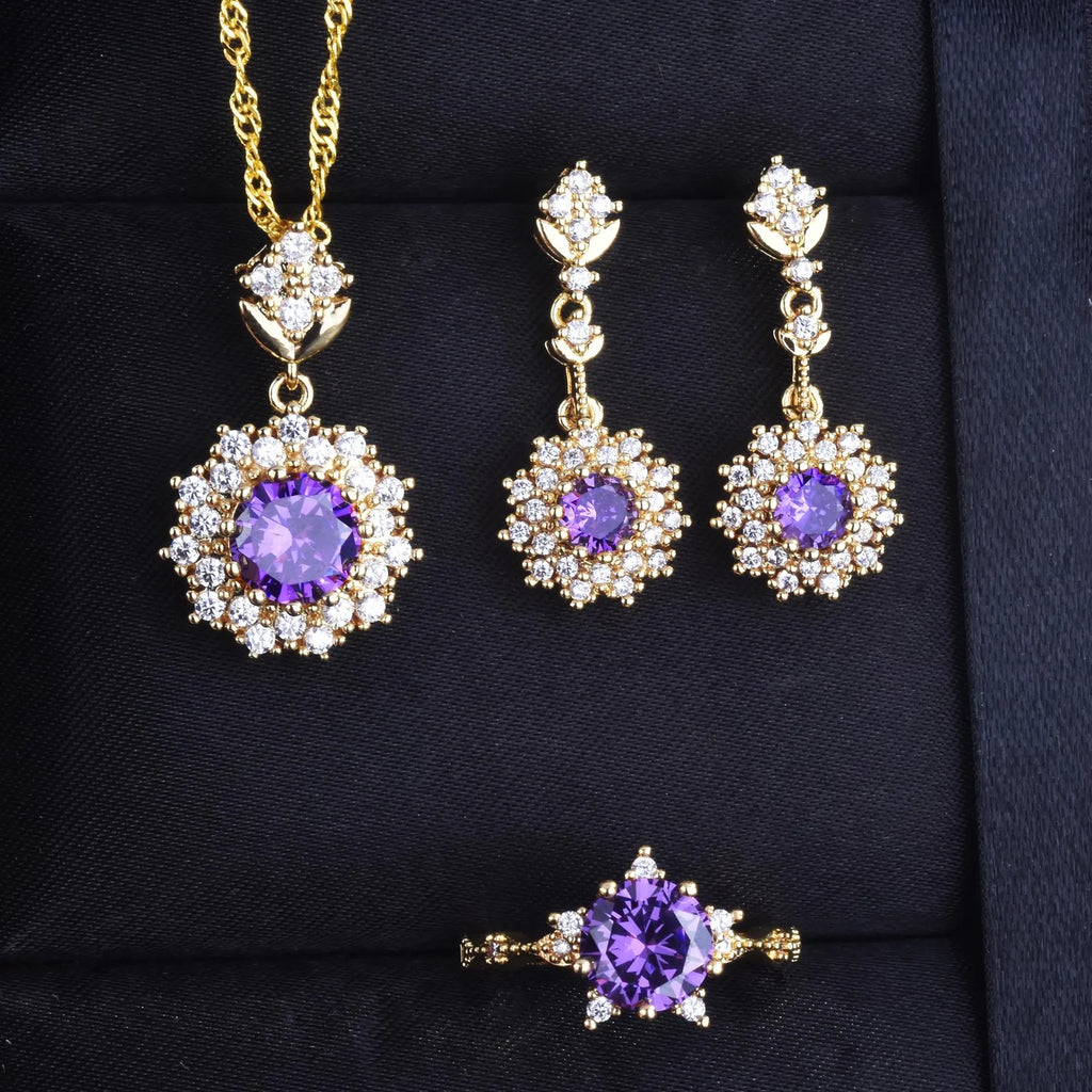 Luxury Purple Red Crystal Jewelry Set Round Pendant Necklace Drop Earrings Ring Bridal Wedding Gifts