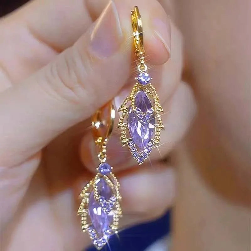 Luxury Brown Zircon Leaf Pendant Earrings For Women Fashion Shiny Crystal Temperament Ear Buckle Party Jewelry Birthday Gifts