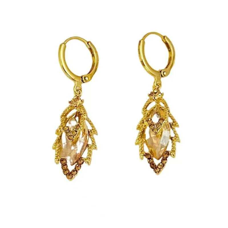 Luxury Brown Zircon Leaf Pendant Earrings For Women Fashion Shiny Crystal Temperament Ear Buckle Party Jewelry Birthday Gifts