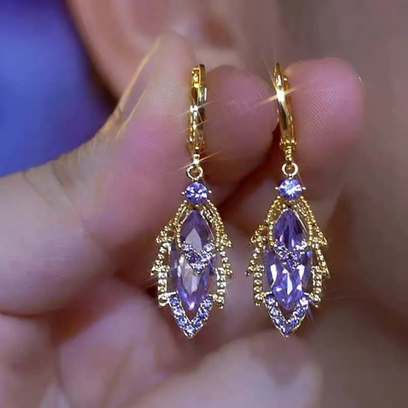 Luxury Brown Zircon Leaf Pendant Earrings For Women Fashion Shiny Crystal Temperament Ear Buckle Party Jewelry Birthday Gifts